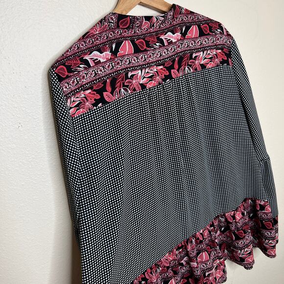 Style & Co Black Pink Floral Check Print Boho Blouse Large - Picture 6 of 9